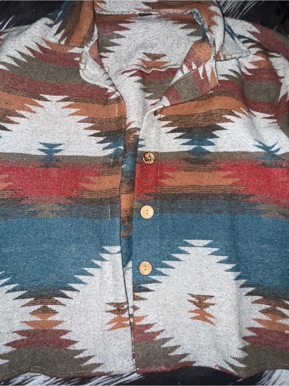 Aztec Pattern Button Up Jacket - Teal, Rust & Cream - Picture 3 of 4